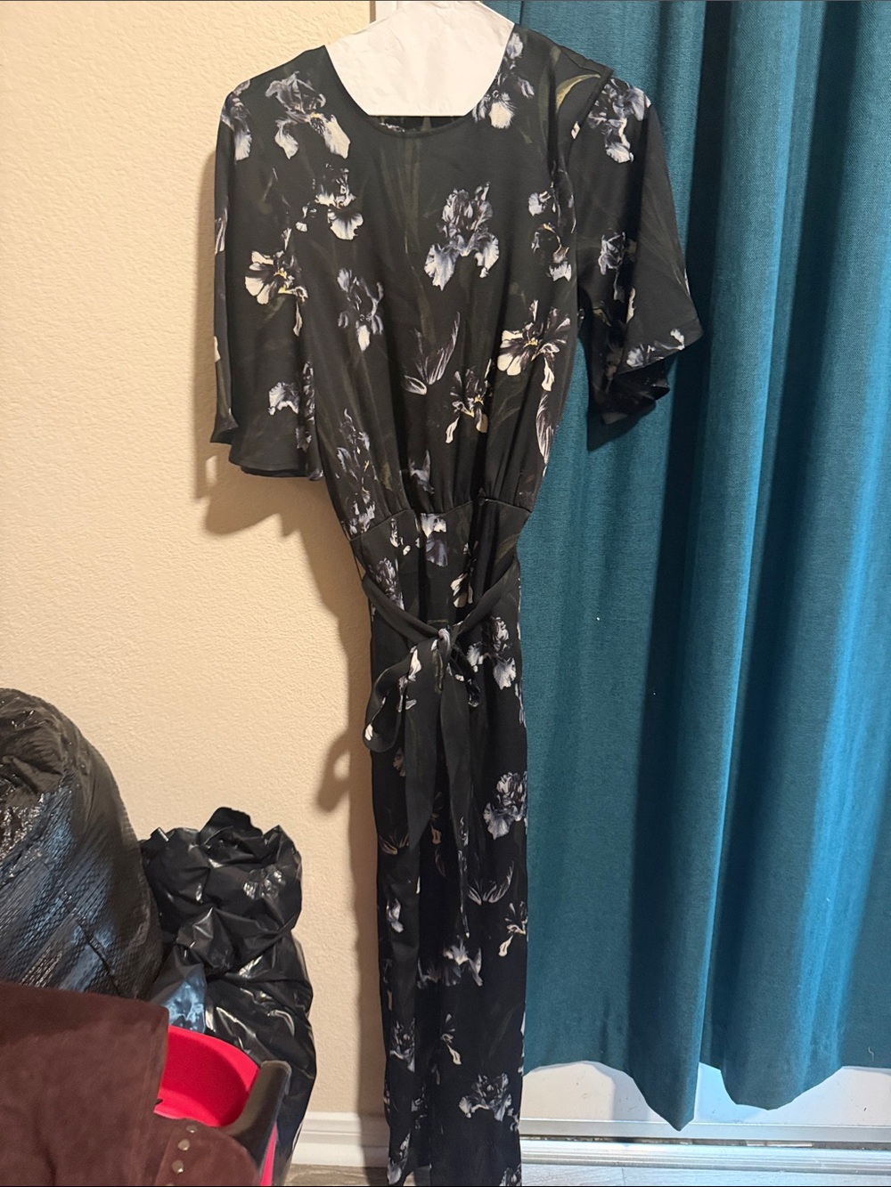 H&M Black Floral Jumpsuit with Tie Waist